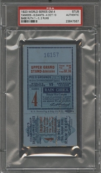 1923 World Series Game 4 Yankees vs Giants Ticket Stub - "Babe Ruth 1-3, 2 Runs" -  PSA Authentic (Babe Ruth W.S. Number 6 of 10)